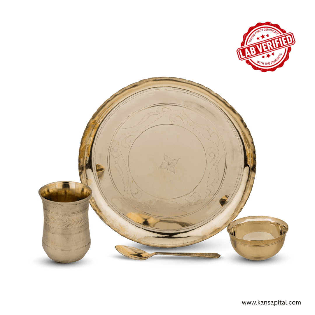 Kansa Thali set with 1 Bowls and 1 Spoon & 100% pure Kansa Glass | bronze dinner set, 4PS , Kansa dinner Plate