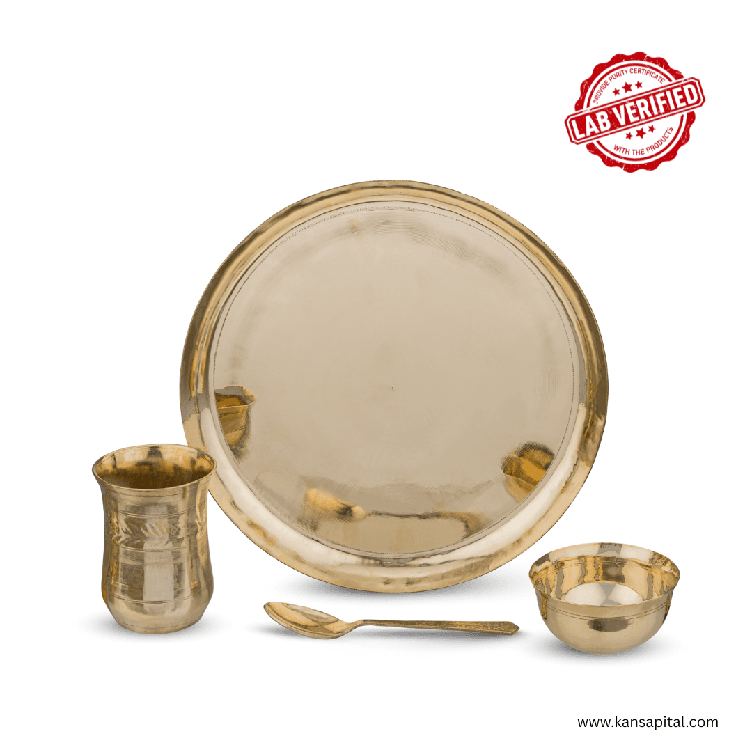 Kansa Dinner Set (Dish Set) 4 Pcs | 1 plate (11.5 inch),1 Bowls 1 Glass (400ml) & Spoon | Premium Bronze plate set | Lab verified utensils | 1.32 KG